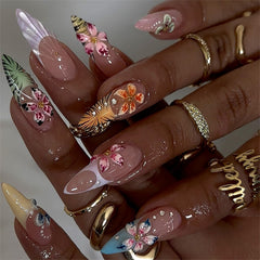 HOSAILY front packaging showing 24 glossy tropical almond press-on nails for instant style