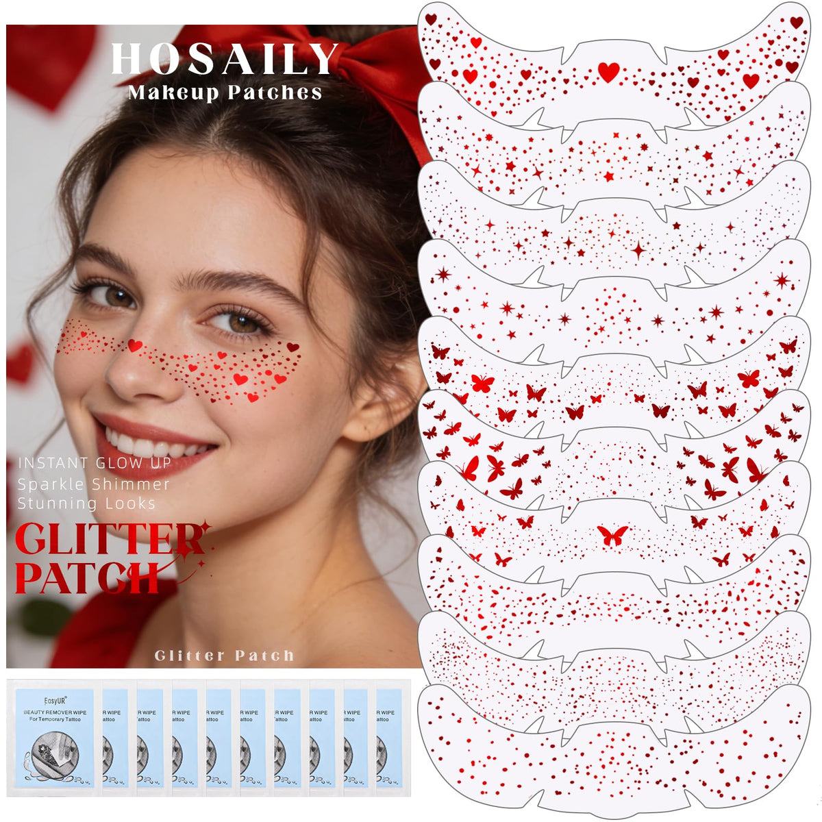 HOSAILY front packaging showing ten red glitter freckle sheets for quick glam