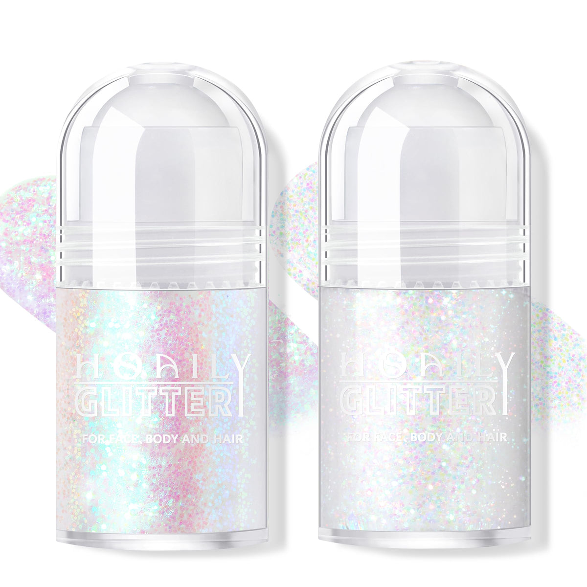 HOSAILY front packaging showing two roll-on glitter gels and benefits of portability