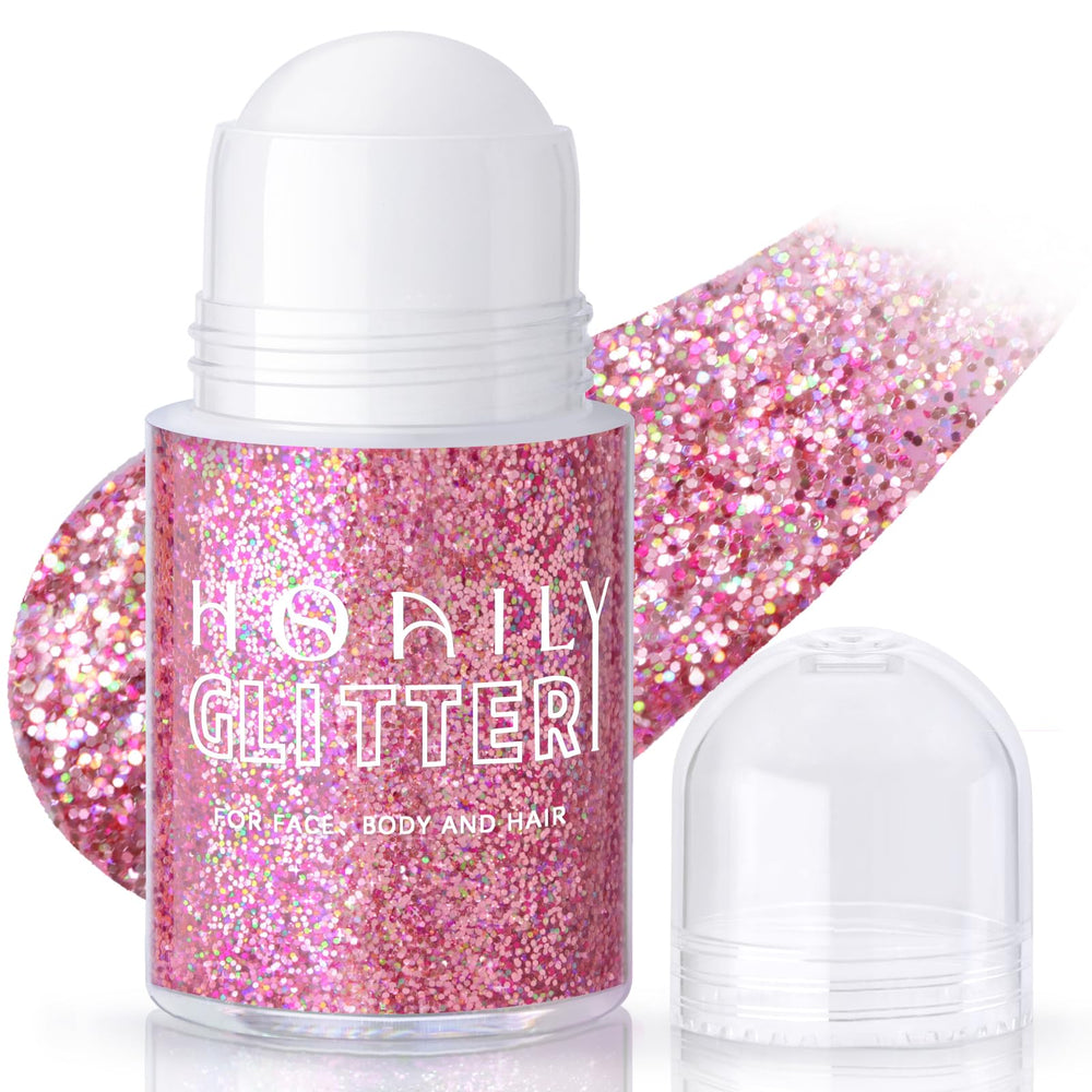 HOSAILY front packaging roll-on glitter showing pink holographic finish and portability