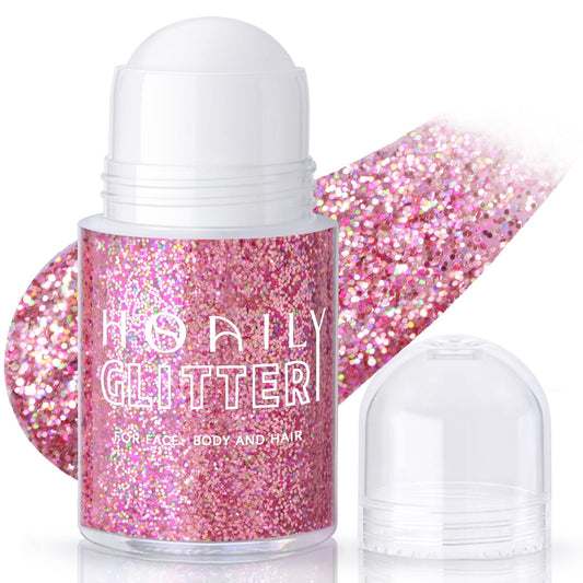 HOSAILY front packaging roll-on glitter showing pink holographic finish and portability