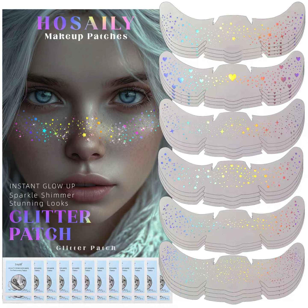 HOSAILY front packaging showing 24-piece holographic freckle set and wipes, convenient kit