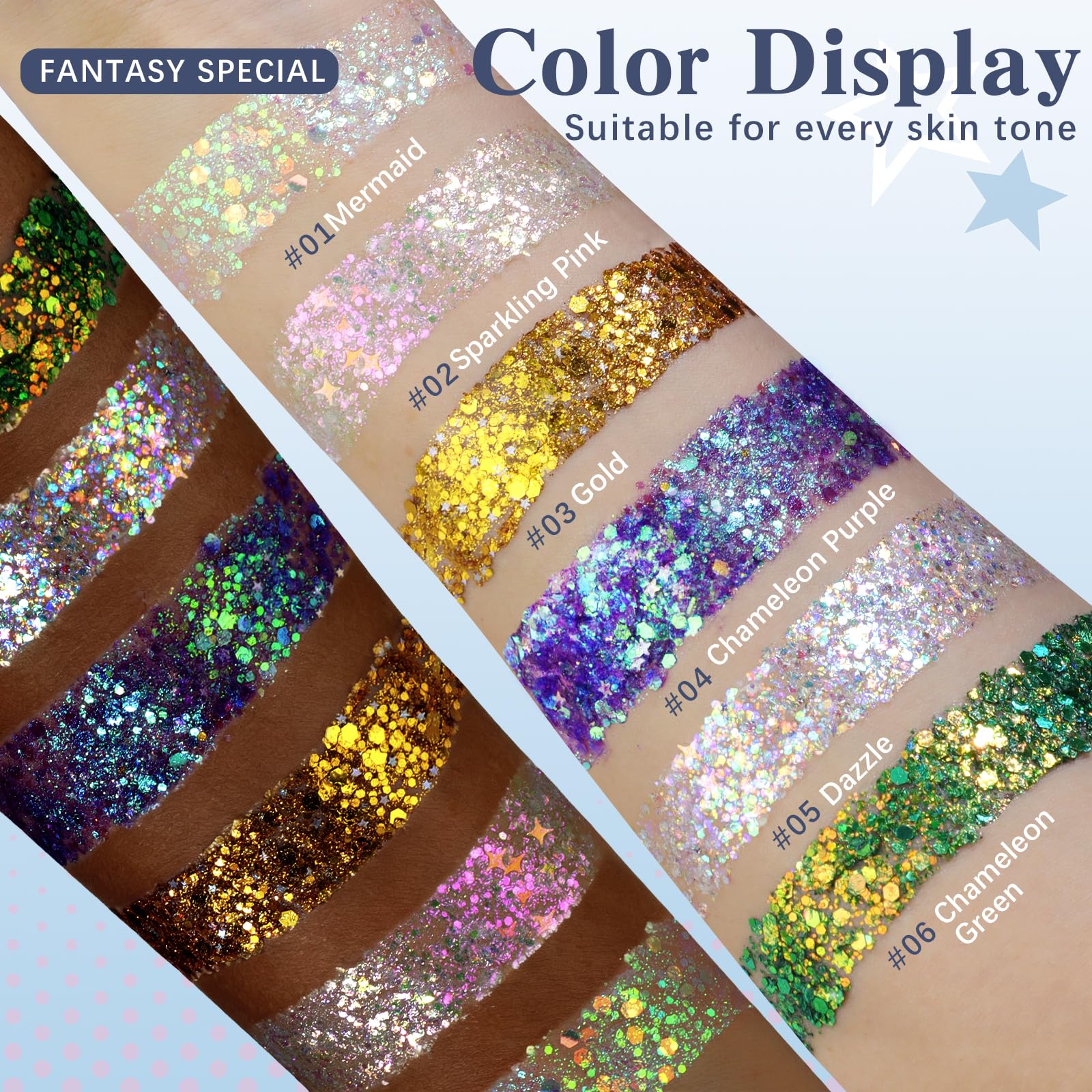 HOSAILY glitter applied to cheekbone in lifestyle shot, enhances facial highlights