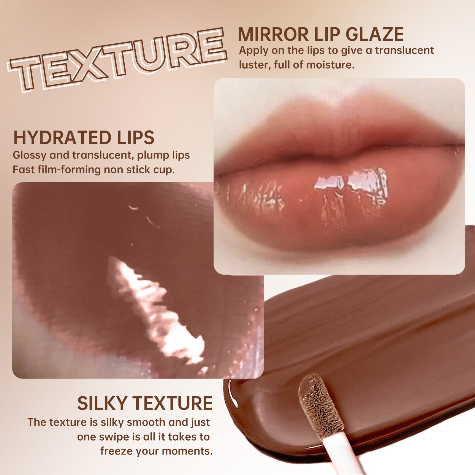 HOSAILY gloss wand and swirled product showing applicator and buildable shine