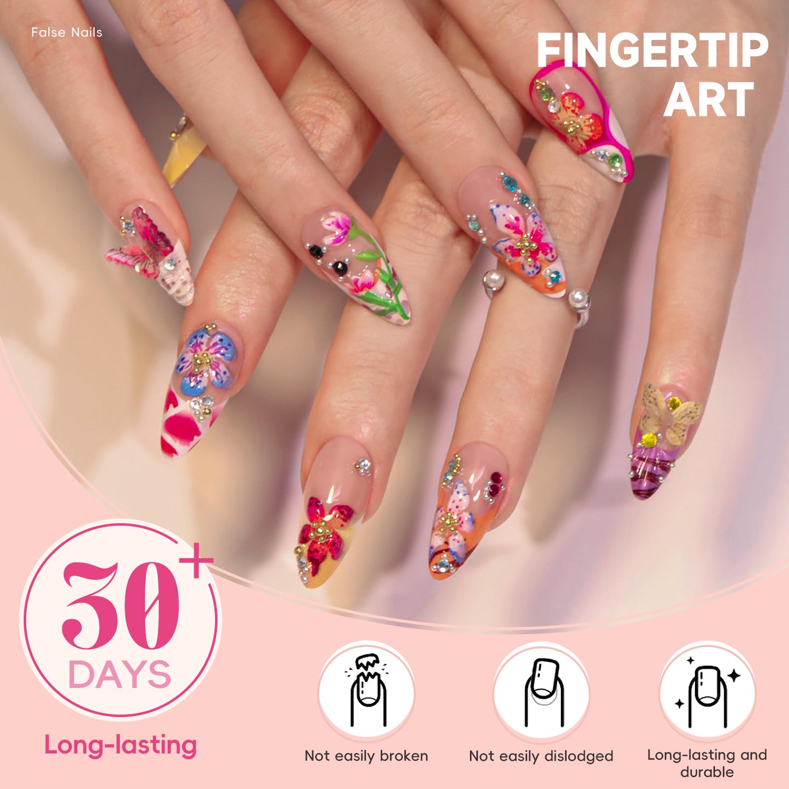 HOSAILY glossy rhinestones and gold beads on nails emphasizing sparkle and polished finish
