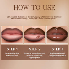 HOSAILY lifestyle image of woman wearing nude gloss for hydrated everyday look