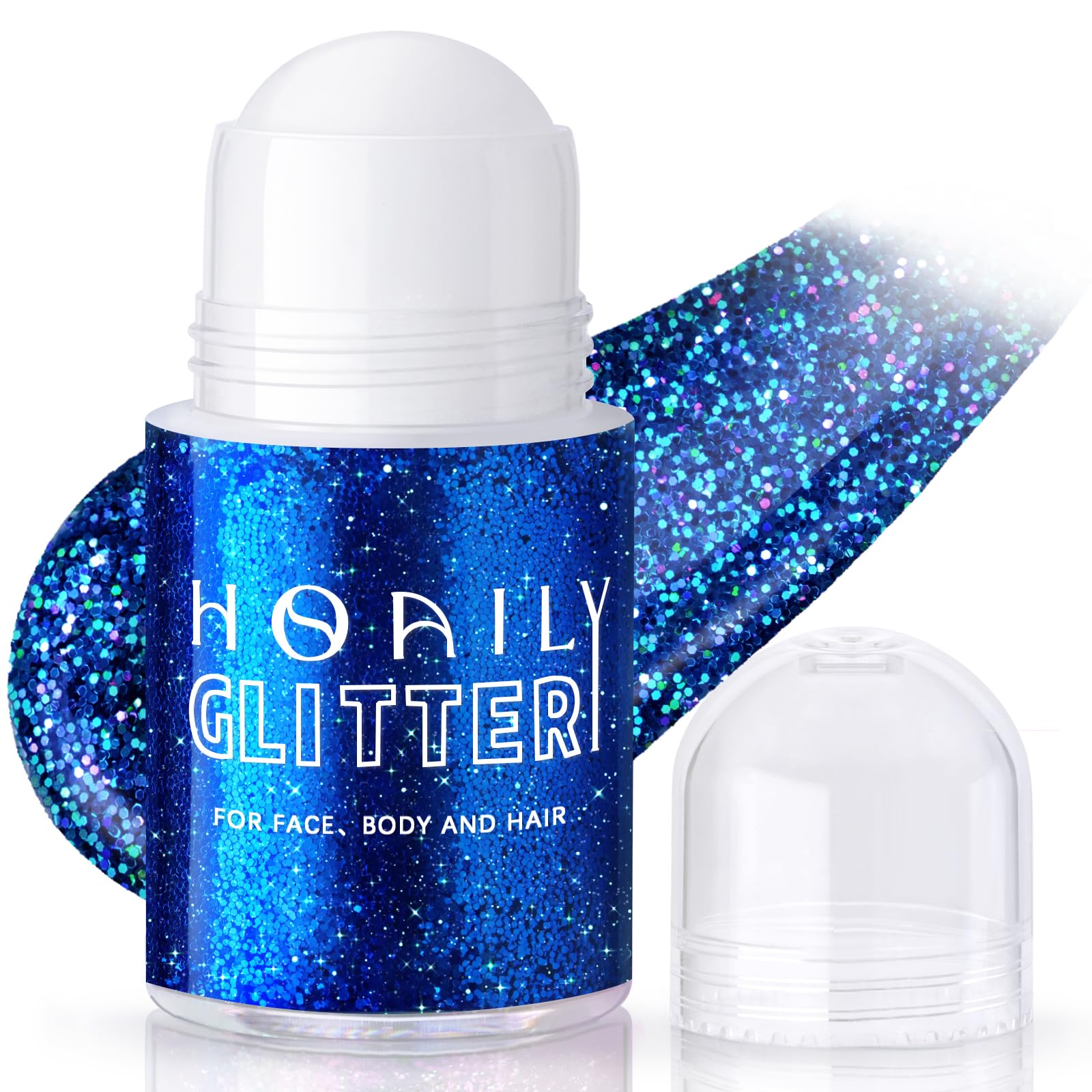 HOSAILY front bottle view showing roll-on applicator and blue glitter benefits portability