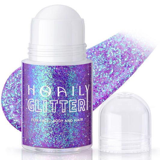 HOSAILY front packaging showing purple holographic roll-on glitter, easy application benefit