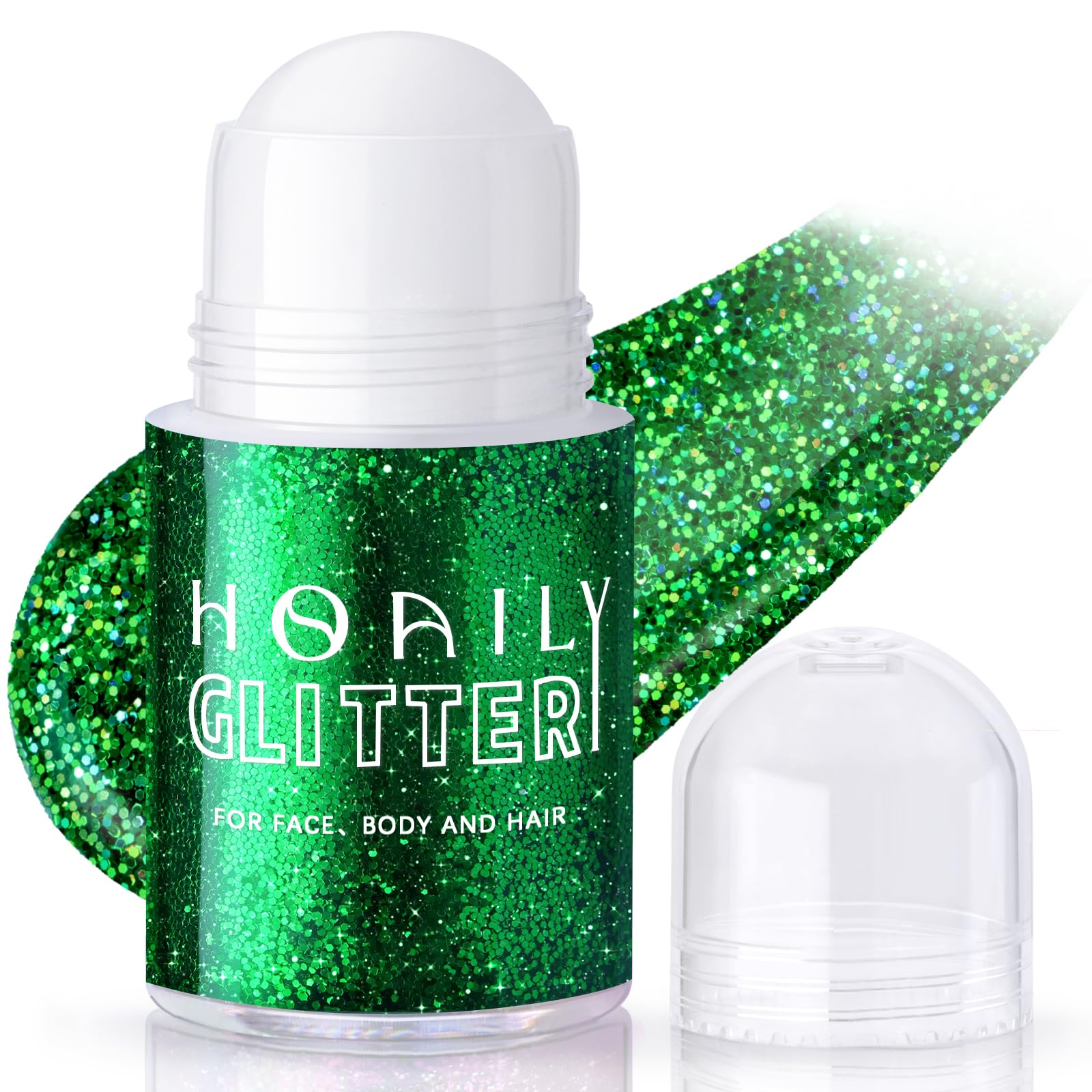 HOSAILY roll-on bottle front view shows portable glitter gel and label benefits