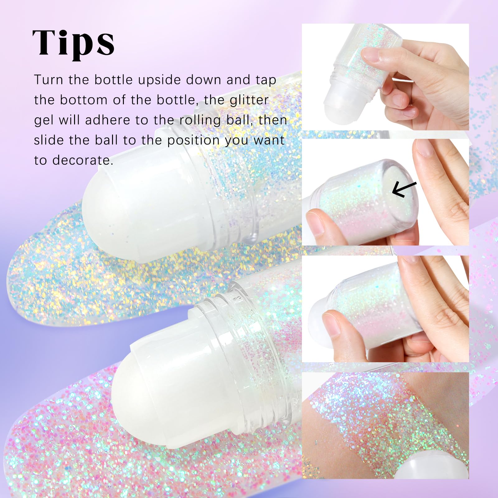 HOSAILY rollerball close-up revealing gel and sequins for precise no-mess application