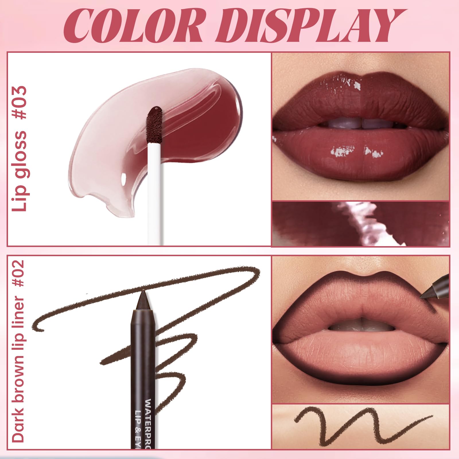 HOSAILY swatches of liner and gloss shades, easy shade-matching benefit