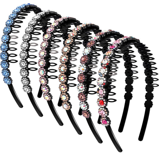 Hoteam front view of six crystal headbands showing colors and style benefits