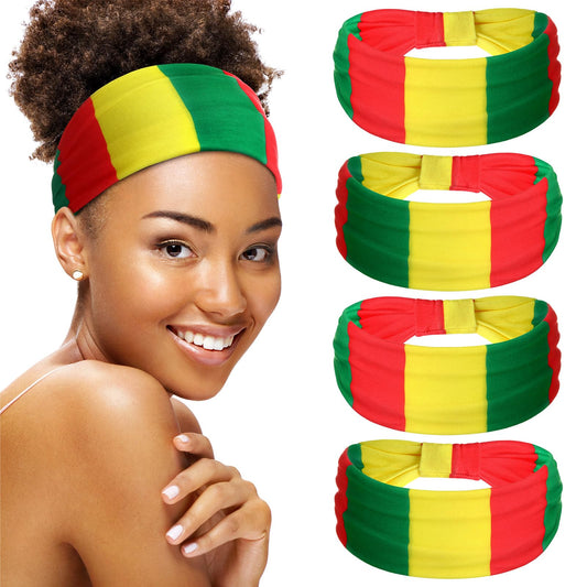 Hoteam front view of 4-pack Jamaican flag headbands showing vibrant colors and packaging