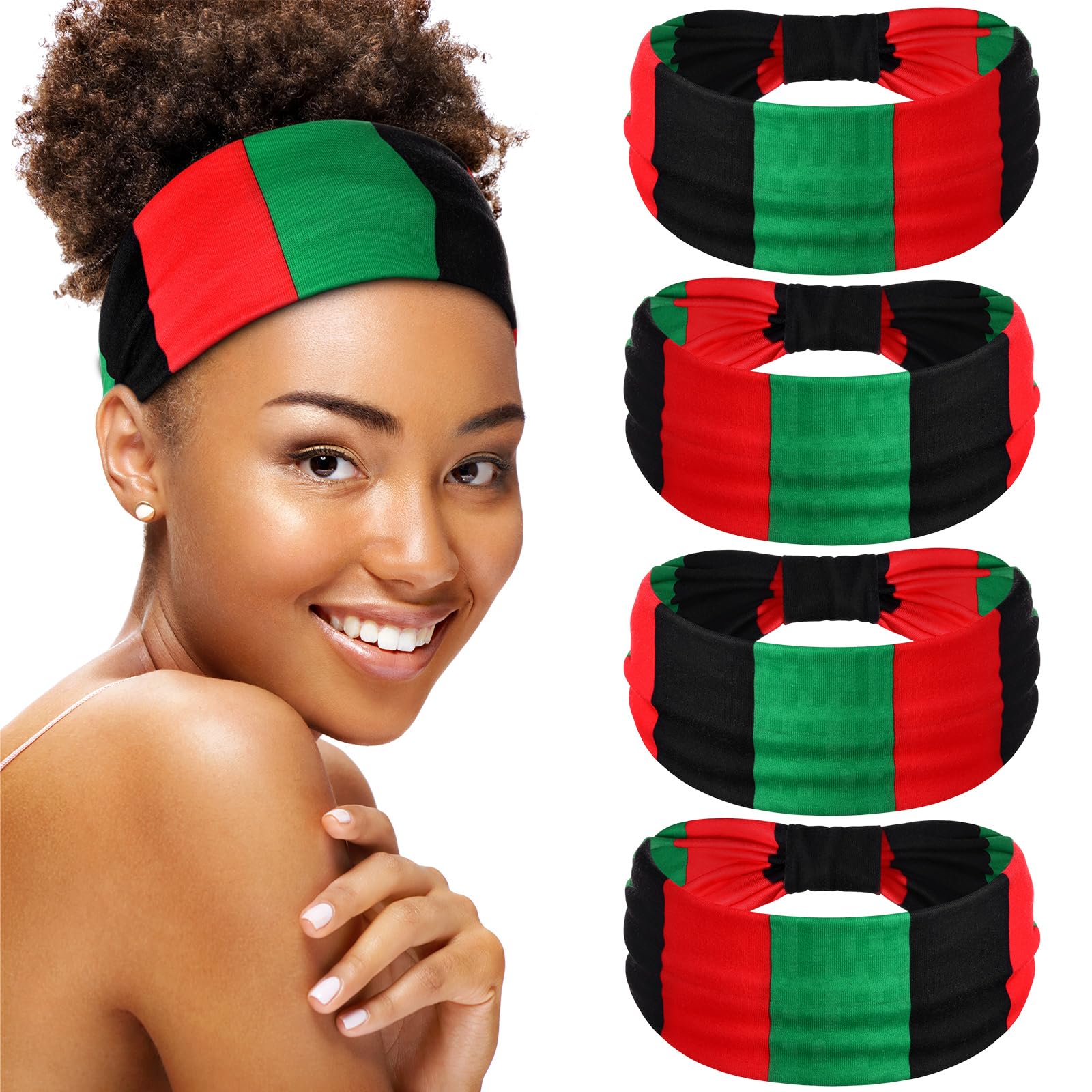 Hoteam front view of four Jamaican flag headbands, bold colors and pack benefit