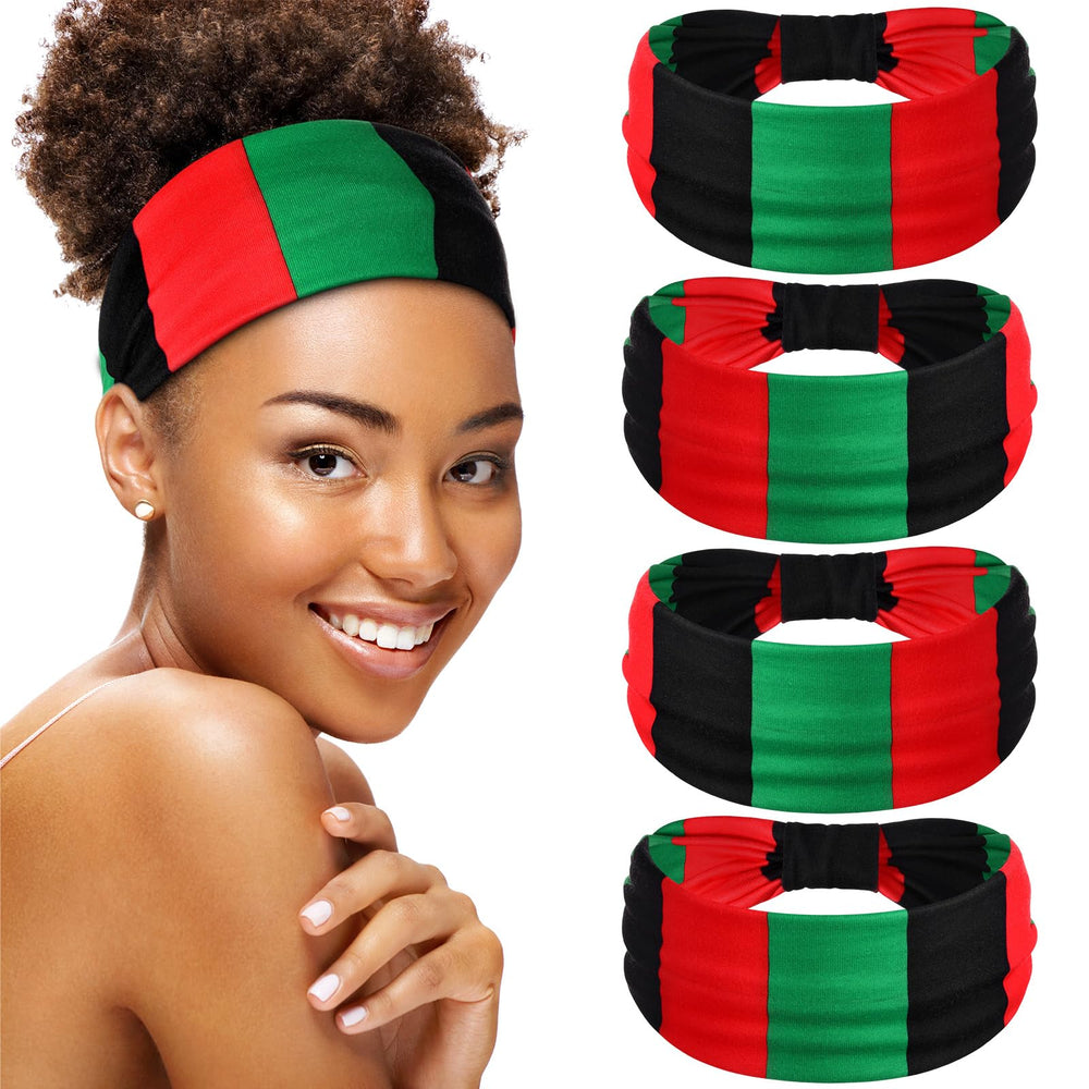 Hoteam front view of four Jamaican flag headbands, bold colors and pack benefit