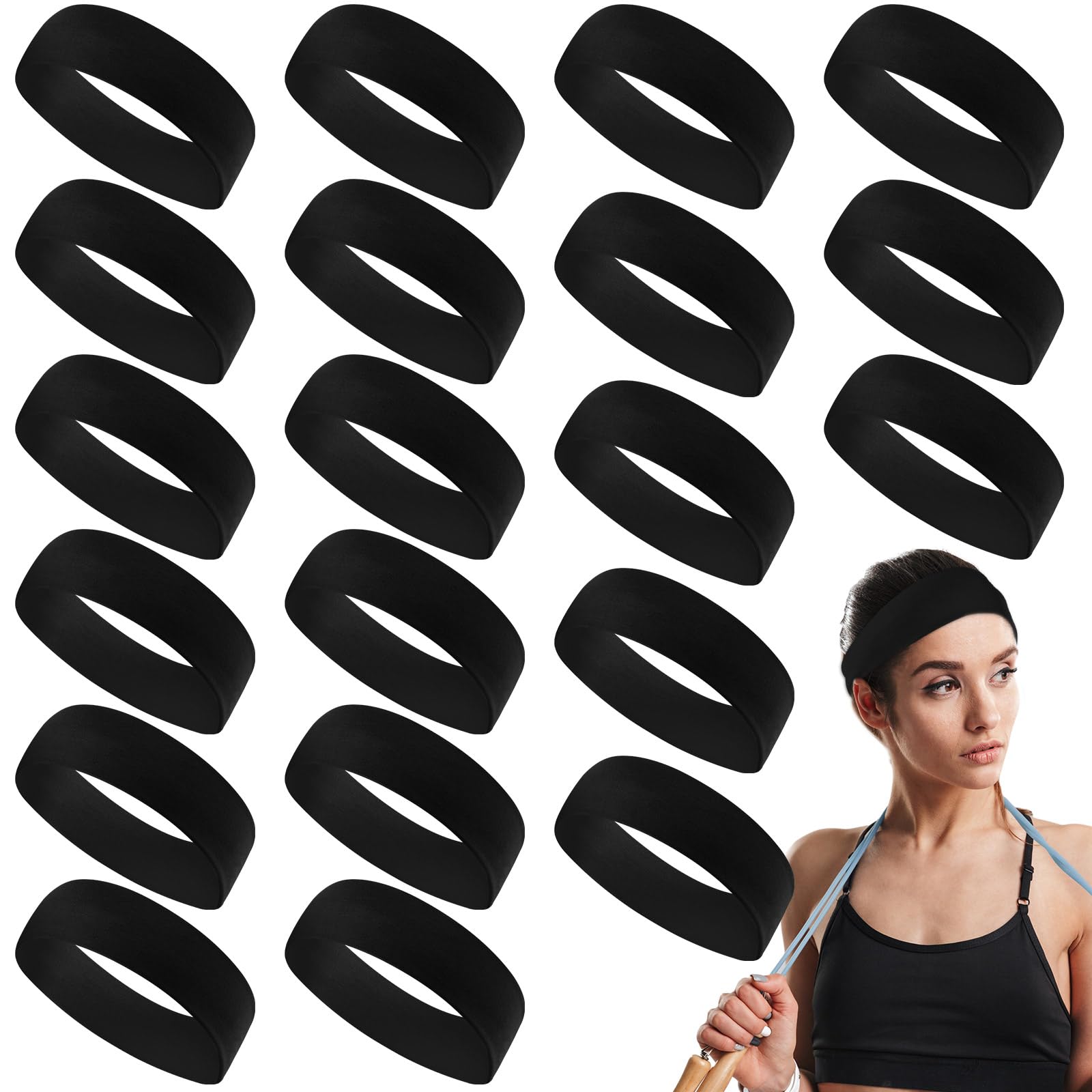 Hotop front view of 20 black headbands showing bulk value and uniform look
