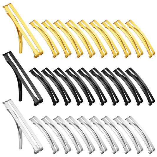 Hotop front view of 30-piece barrette pack showing three finishes and neat arrangement, practical supply