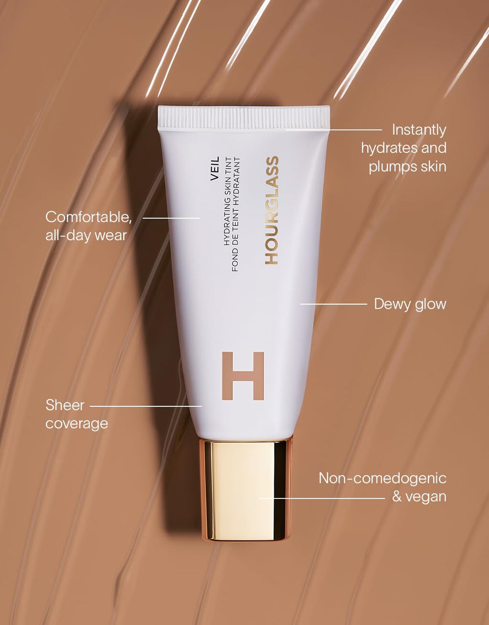 HOURGLASS label closeup of ingredients showing hyaluronic hydration benefit