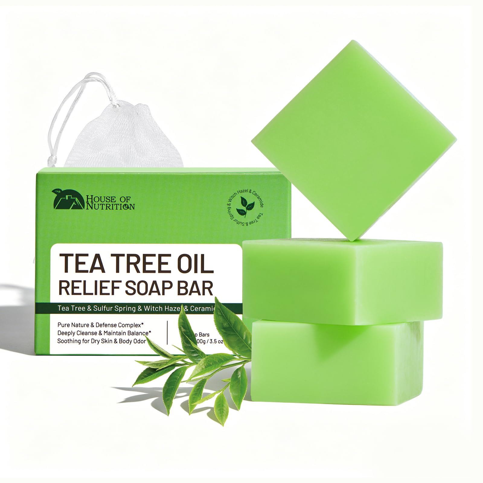 House of Nutrition front packaging showing three tea tree soap bars and benefits