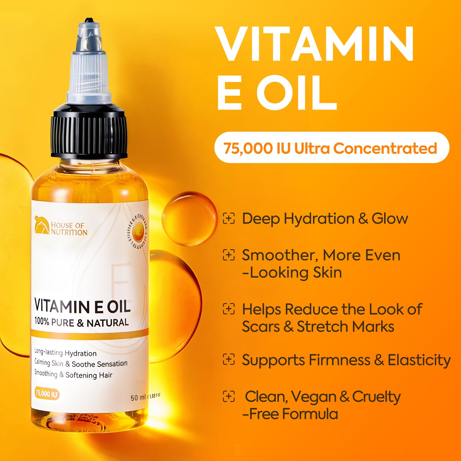 House of Nutrition golden oil texture close-up highlighting fast-absorbing feel
