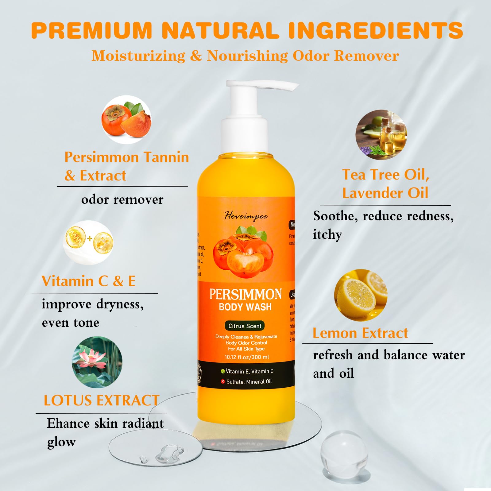 Hoveimpee close-up label highlighting persimmon and natural ingredients benefit