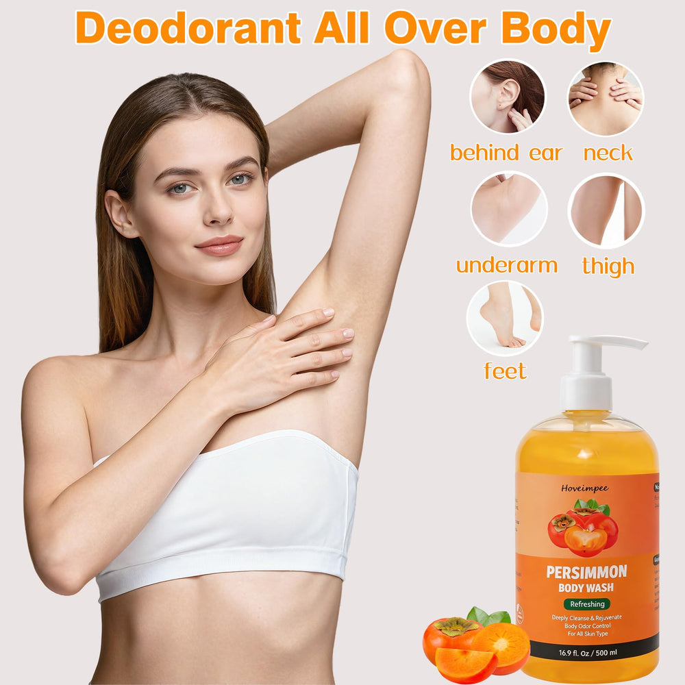Hoveimpee in-shower use with suds on skin demonstrating effective odor-targeted cleansing benefit