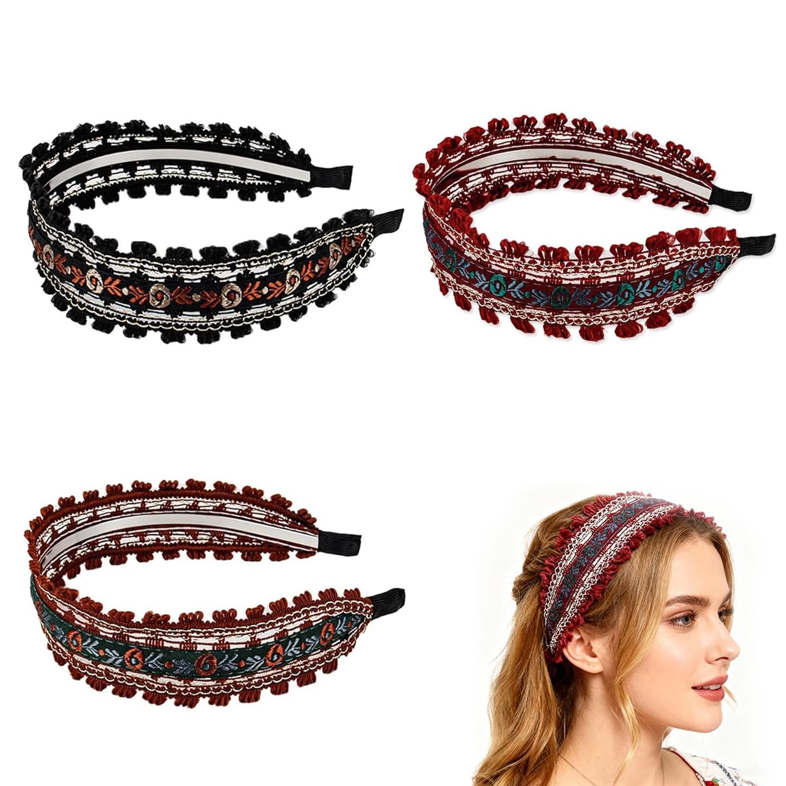 HOXITRADE front view of three lace headbands showing color options and neat packaging benefits outfit variety