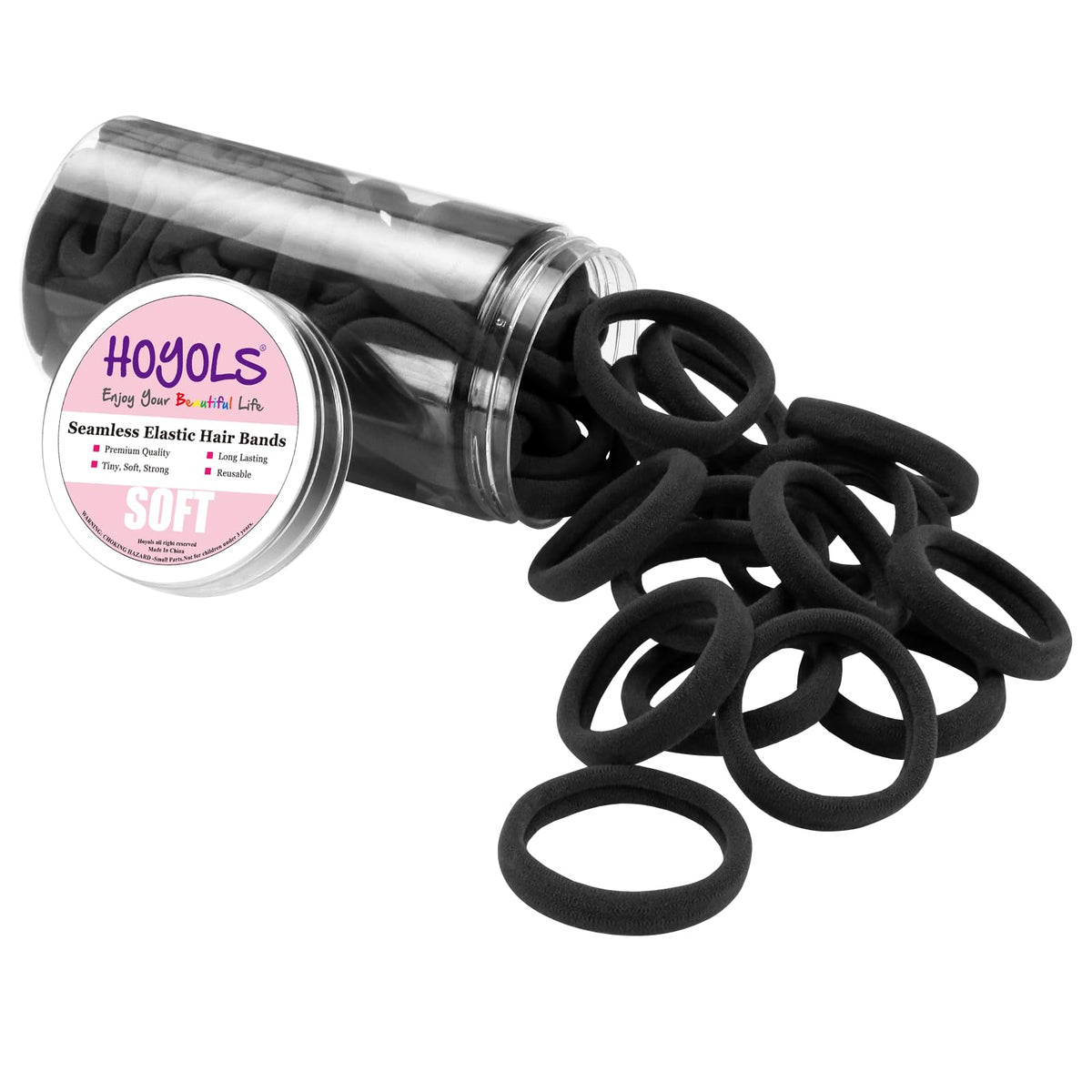 HOYOLS clear tub of 100 black hair ties for neat storage and quick access