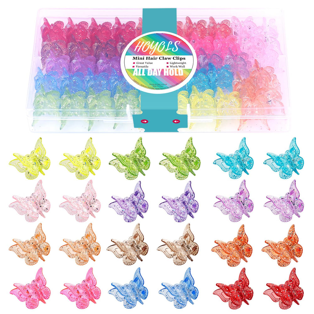 HOYOLS front pack view showing 48 glitter butterfly clips and colorful variety for styling