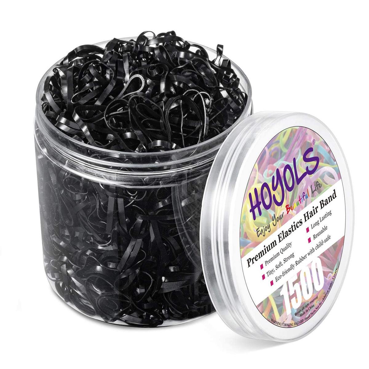 HOYOLS front packaging showing 1500 black mini elastic bands and label benefit