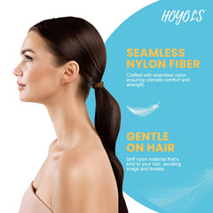 HOYOLS holding a thick high ponytail, demonstrating secure non-slip grip during activity benefit