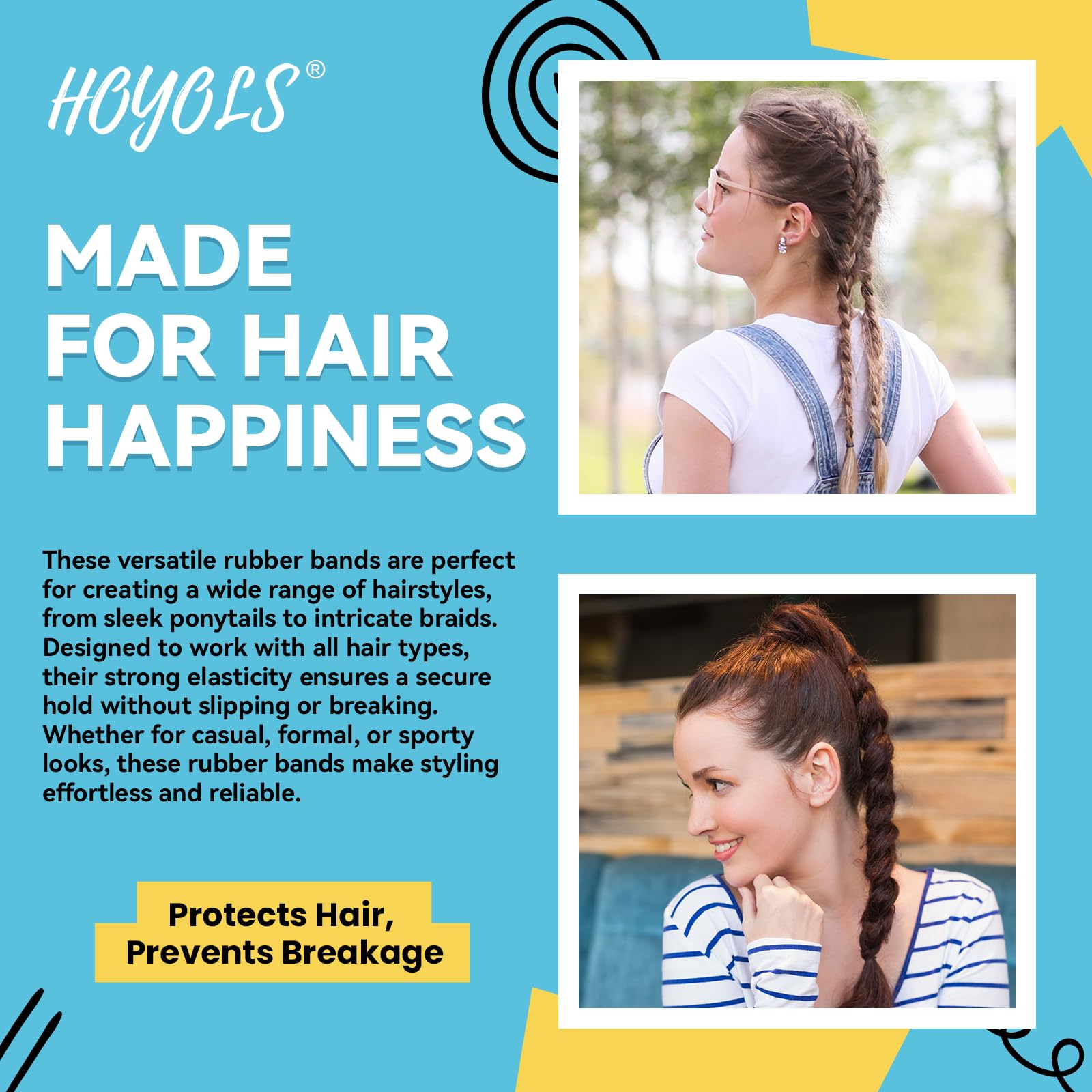 HOYOLS used in a neat ponytail illustrating secure hold without creases benefit