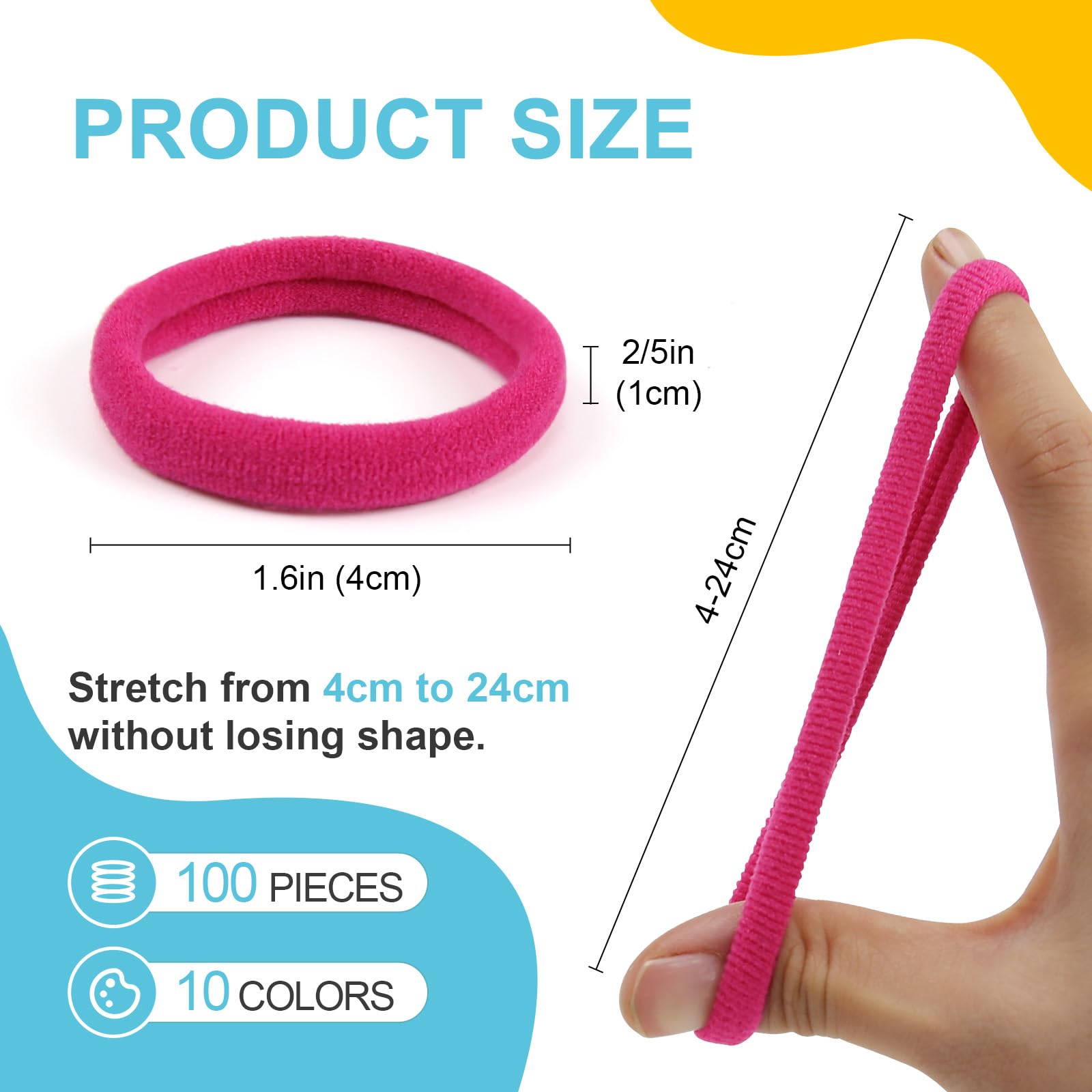 HOYOLS stretched hair tie showing elastic range and strong hold benefit