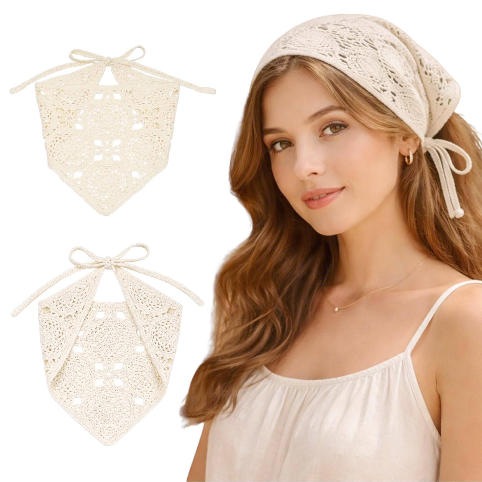 hoyuwak front view of white floral crochet bandana showing full shape and neat edges for styling