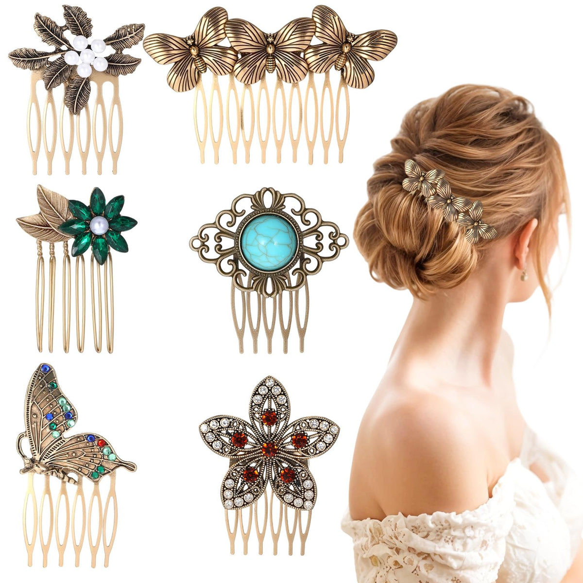 Hpmjz front packaging collection showing six antique gold combs and variety benefit