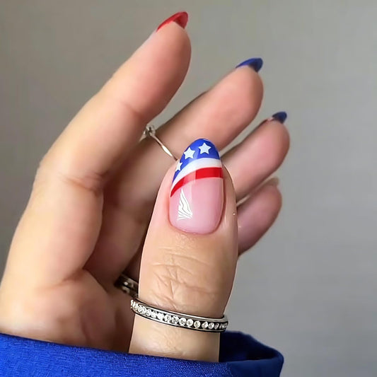 HPYFOI close-up of American flag nail artwork highlighting festive detail