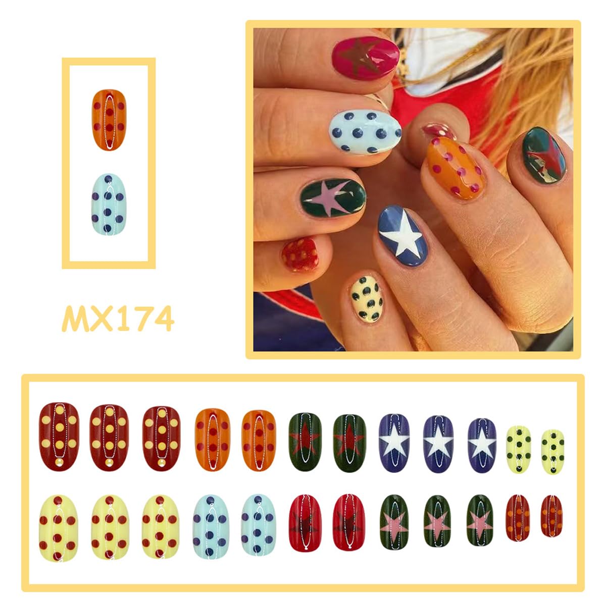 HPYFOI close-up of polka dots and star nail art highlighting playful detail