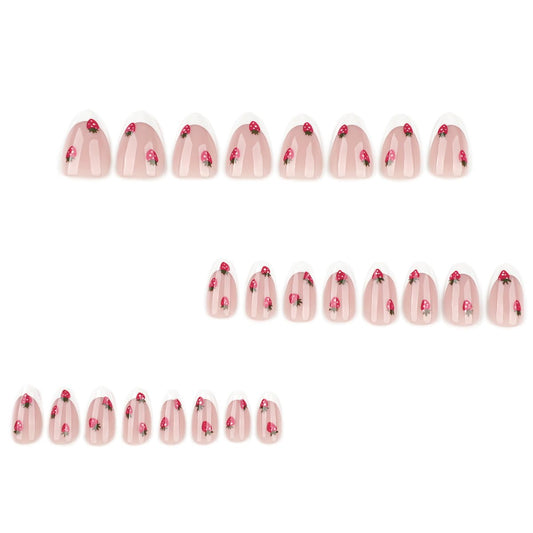 HPYFOI close-up of white French tip and strawberry detail for polished look