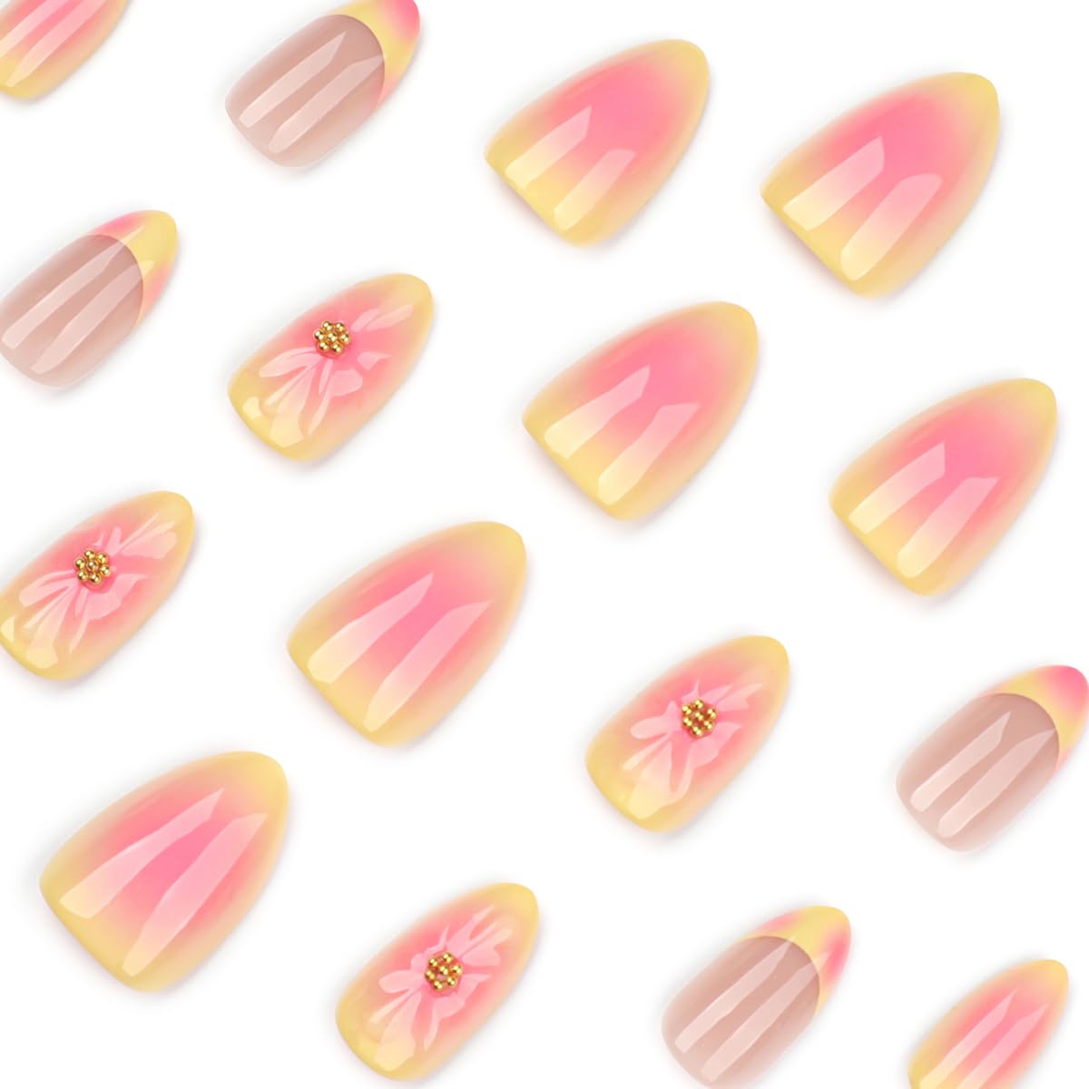 HPYFOI top view of pink and yellow floral nail designs for summer style