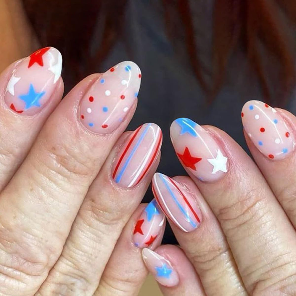 HPYFOI front packaging showing 24 patriotic press-on nails and tools for quick styling