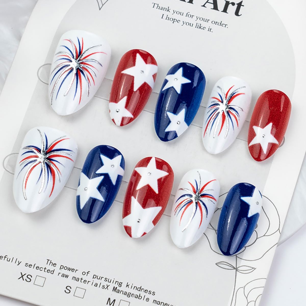 HPYFOI front packaging showing patriotic press-on nails and contents for easy selection