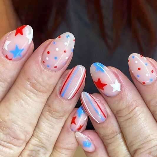 HPYFOI front packaging showing 24 patriotic press-on nails and tools for quick styling