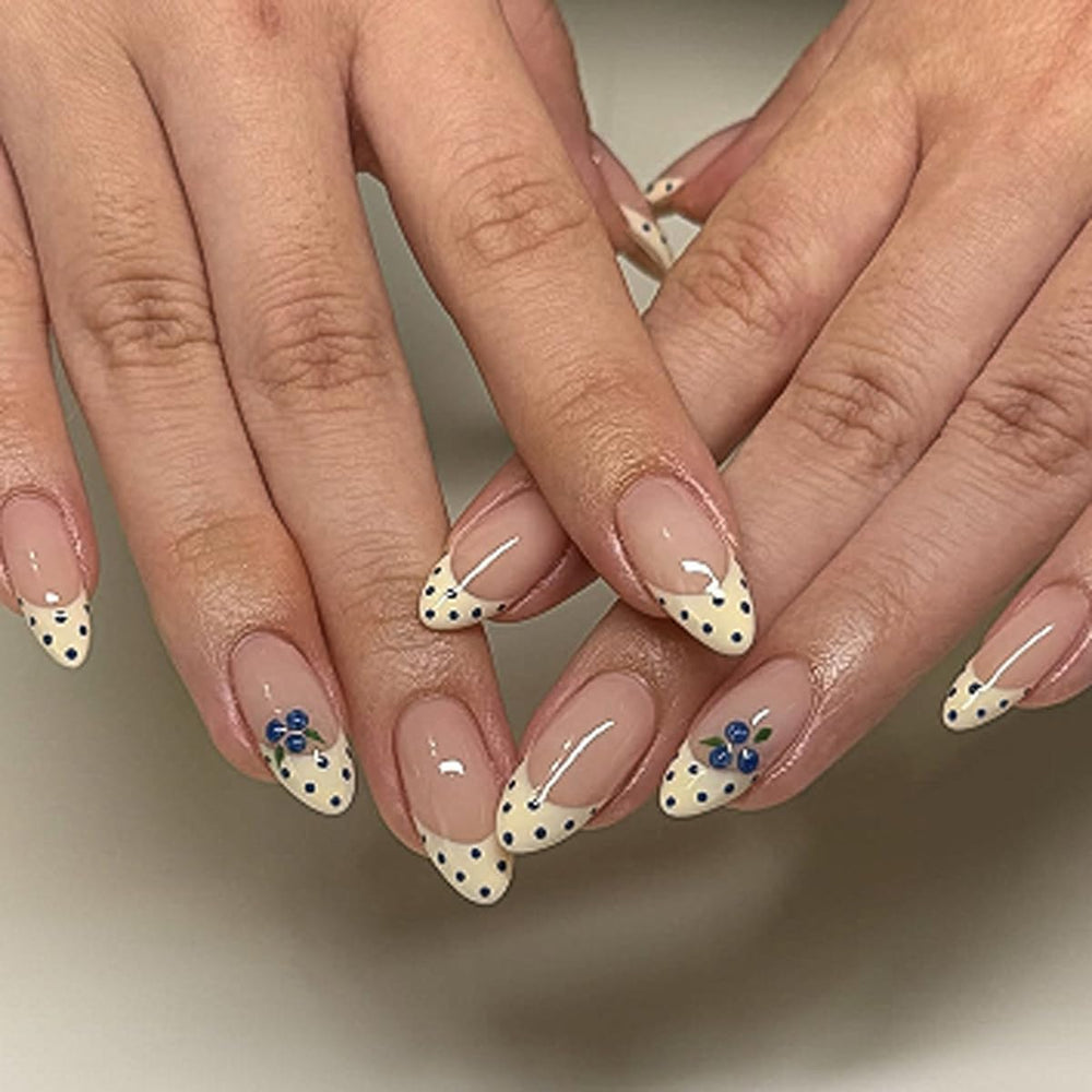 HPYFOI front packaging showing 24-piece almond press-on nails and tools for quick application