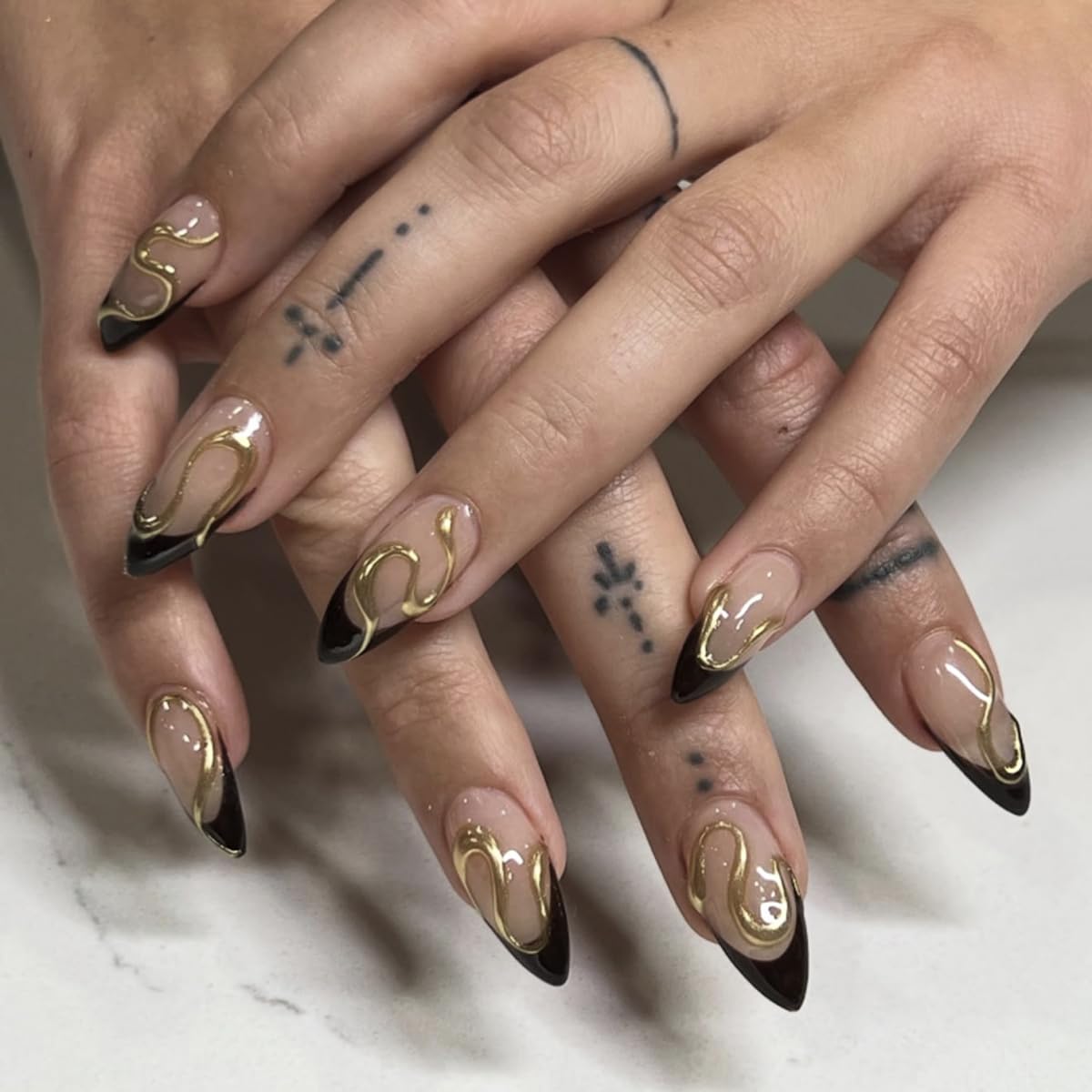 HPYFOI front packaging showing black gold almond press-on nails and kit benefits