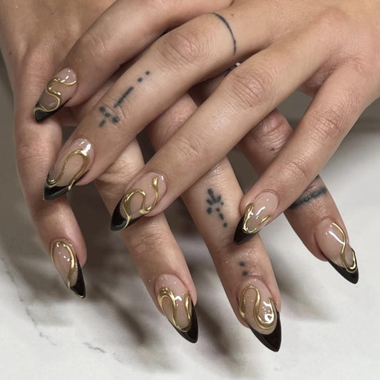 HPYFOI front packaging showing black gold almond press-on nails and kit benefits