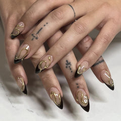 HPYFOI front packaging showing black gold almond press-on nails and kit benefits