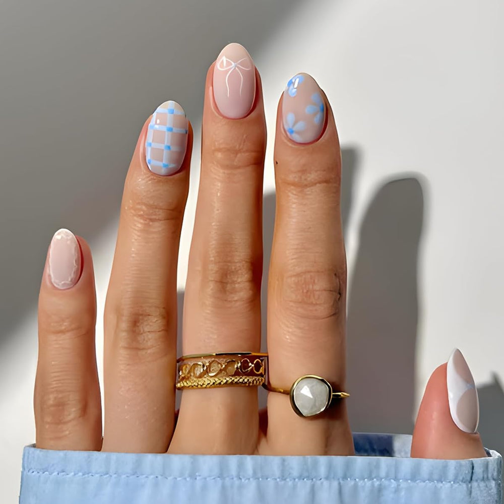 HPYFOI front packaging showing blue press-on nails and designs for fast manicures