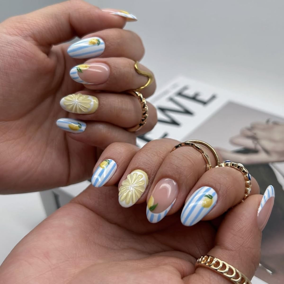 HPYFOI front packaging showing blue striped and yellow lemon nails, vibrant summer look