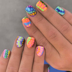 HPYFOI front packaging showing vibrant multicolor short square nails and included kit benefits