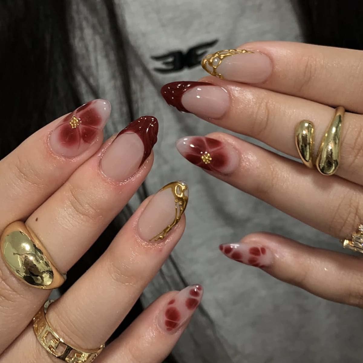 HPYFOI front packaging showing burgundy almond press-on nails, ready-to-wear benefit